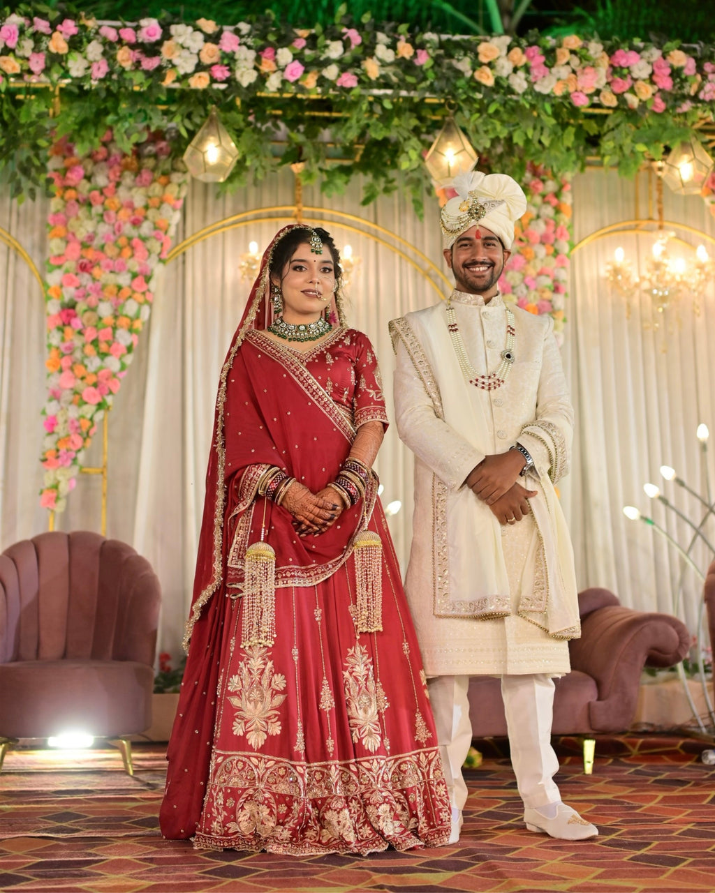 Tanaya Orange Peel Vegan Silk Lehenga Set (1 blouse, 1 skirt, 2 dupattas)