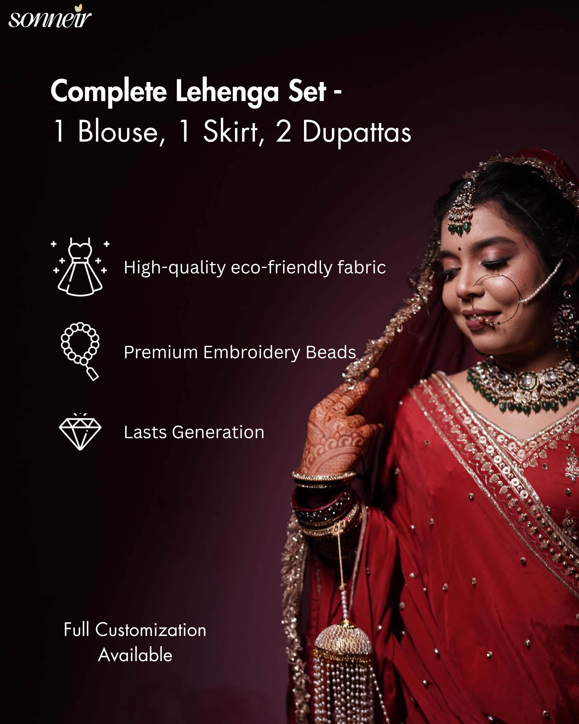 Tanaya Orange Peel Vegan Silk Lehenga Set (1 blouse, 1 skirt, 2 dupattas)