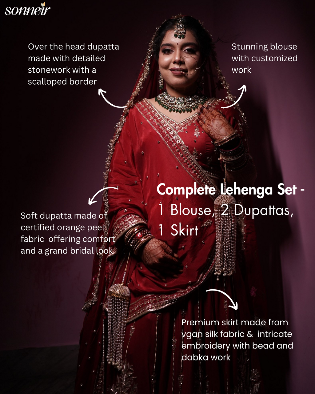 Tanaya Orange Peel Vegan Silk Lehenga Set (1 blouse, 1 skirt, 2 dupattas)